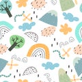 Seamless pattern with cartoon rainbows, trees, clouds, mountains, decor elements. Colorful vector, flat style. Hand drawing for ki